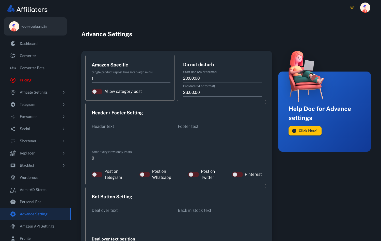 Affiliaters advance settings screen showing do-not-disturb hours, header and footer text and bot button settings