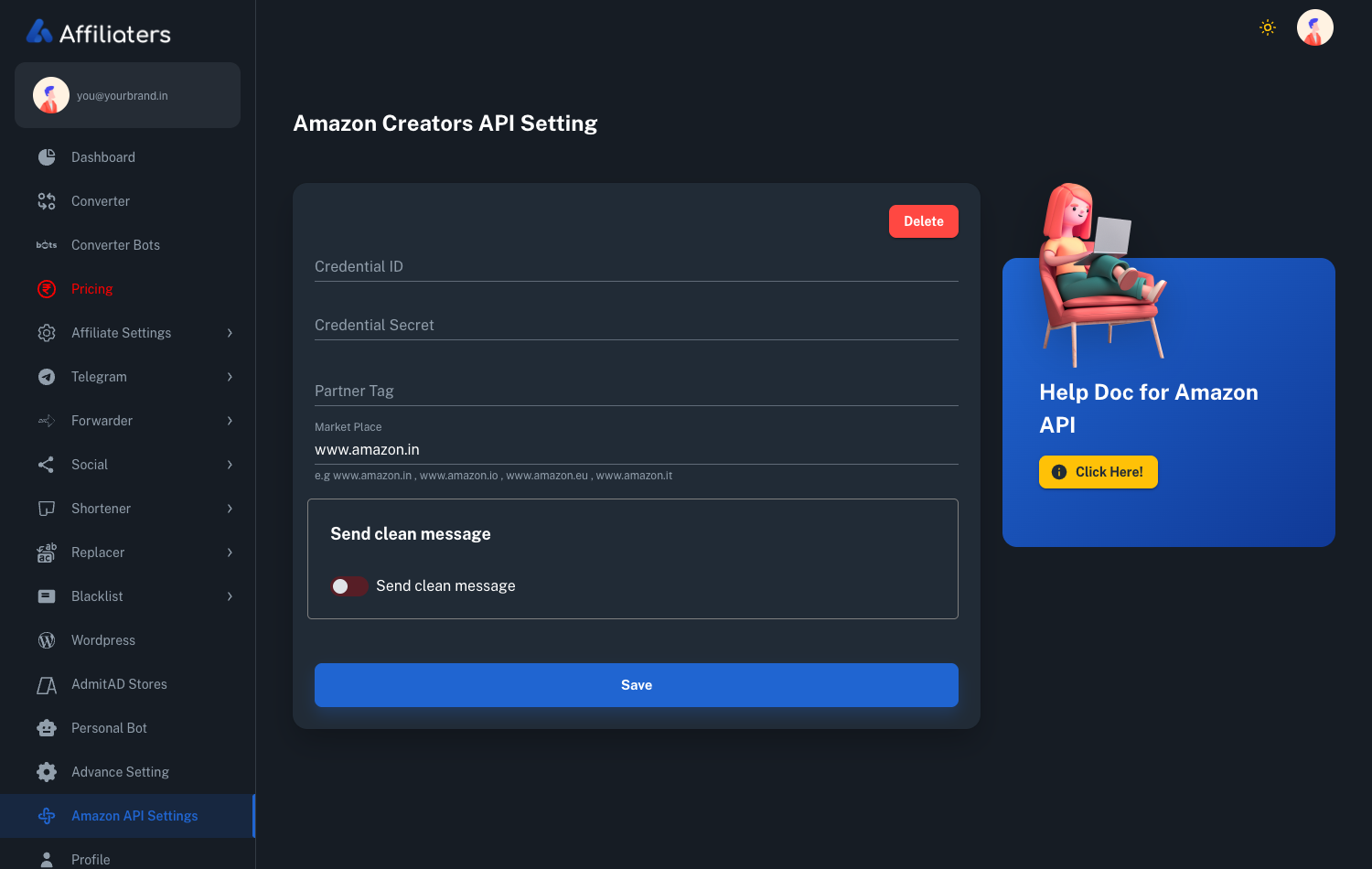 Affiliaters Amazon Creators API settings screen with credential ID, secret, partner tag and marketplace