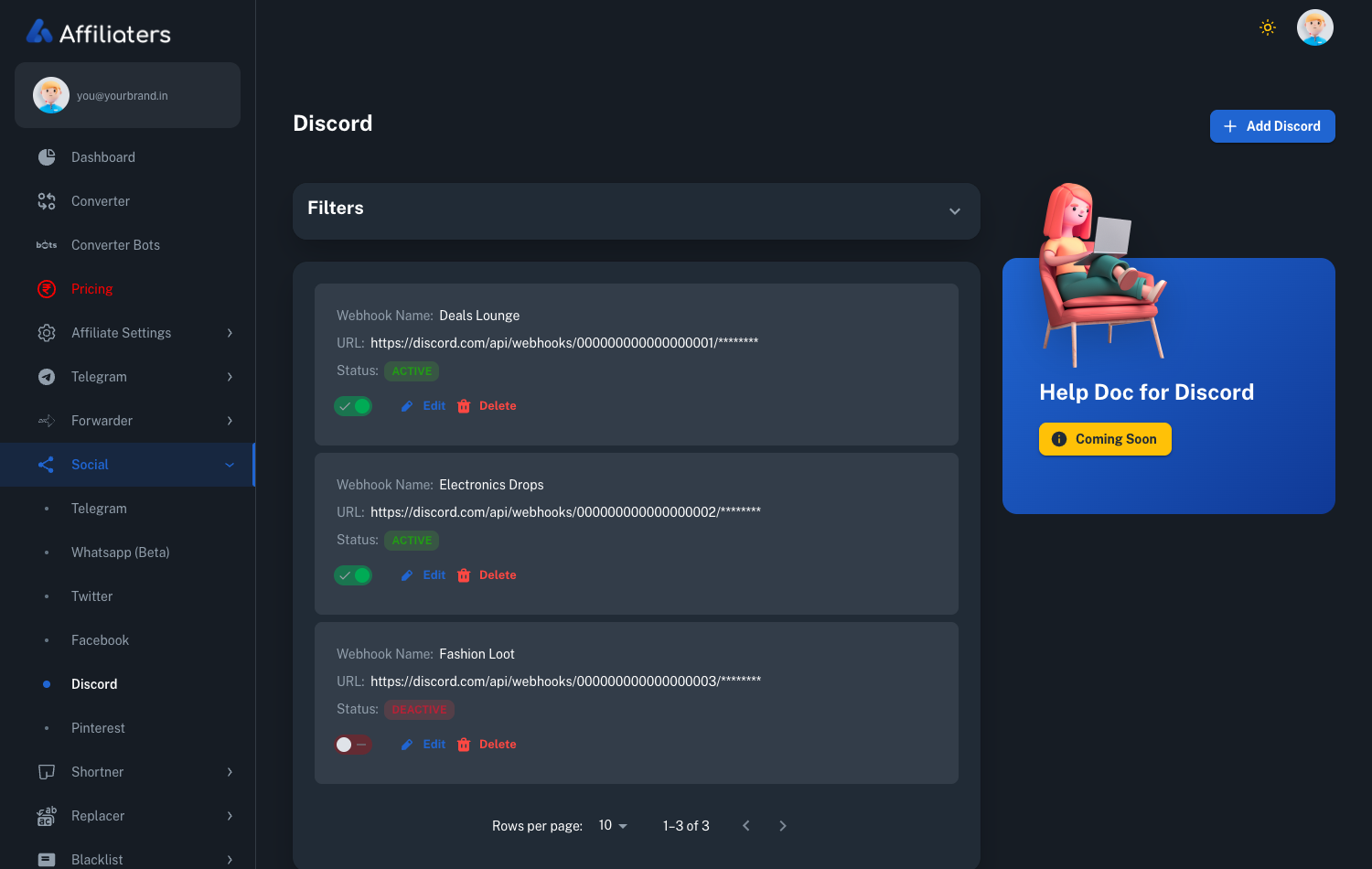 Affiliaters Discord screen listing webhooks by name with masked URLs, active and inactive status badges, and edit and delete controls
