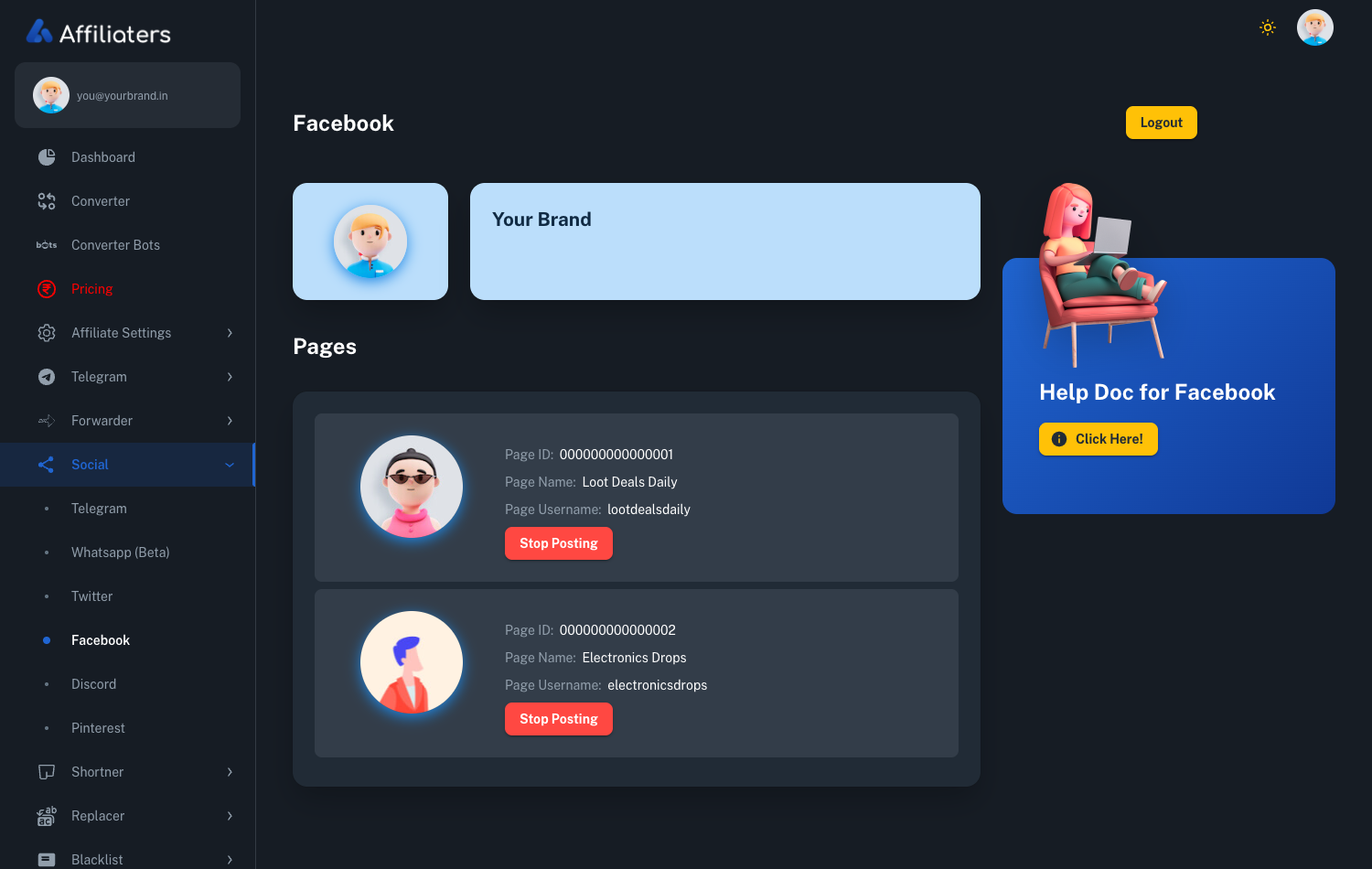Affiliaters Facebook screen showing the connected account and the Pages it manages, each with its Page ID, name, username and a stop posting button