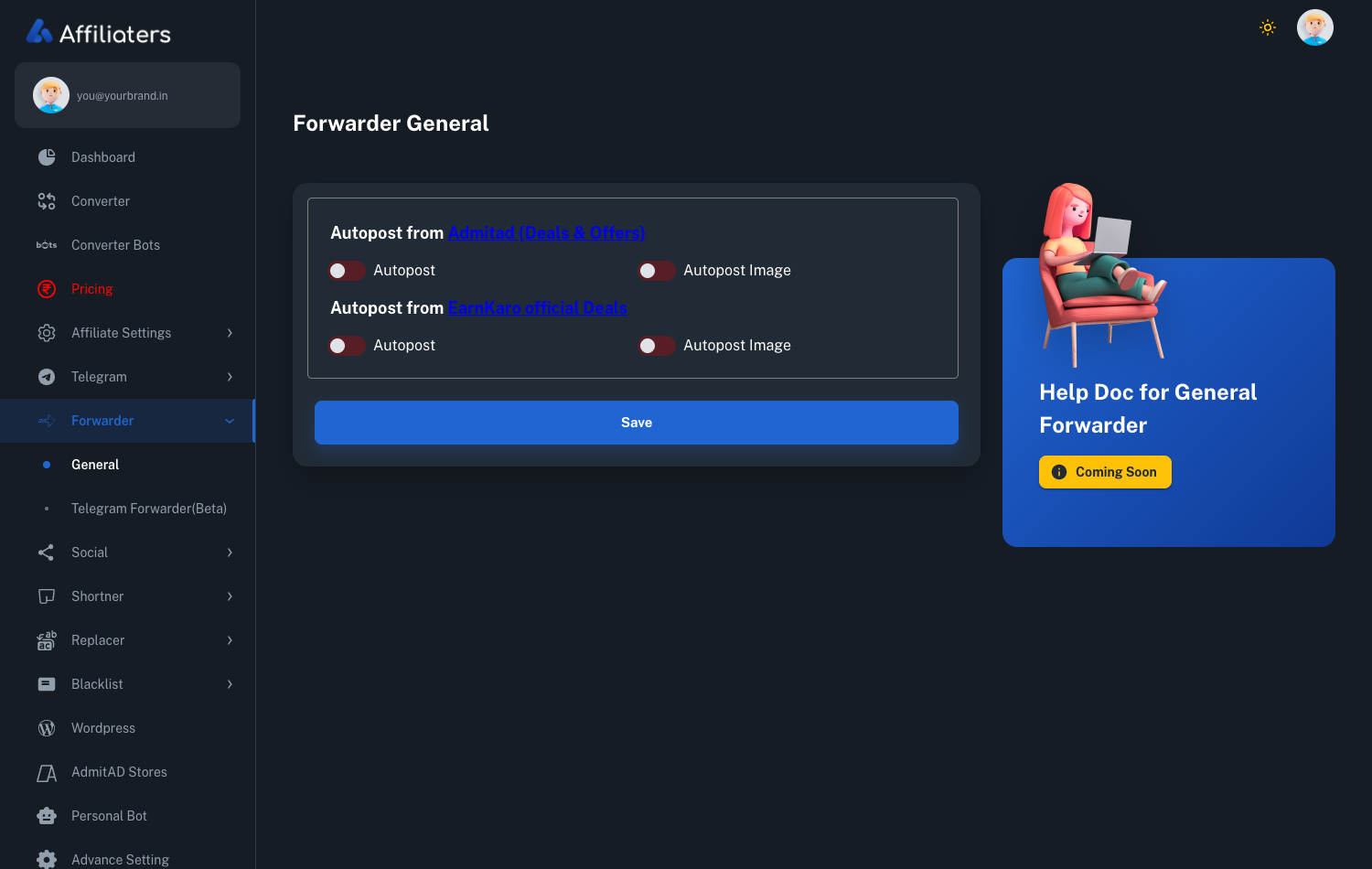 Affiliaters Forwarder General screen with Autopost and Autopost Image switches for the Admitad and EarnKaro official deal feeds