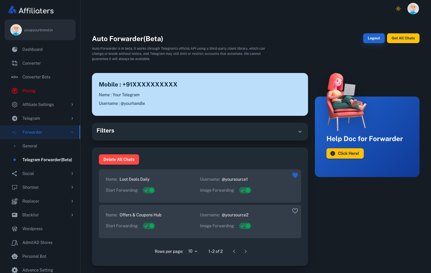Affiliaters Telegram Forwarder screen listing source Telegram channels with Start Forwarding and Image Forwarding toggles