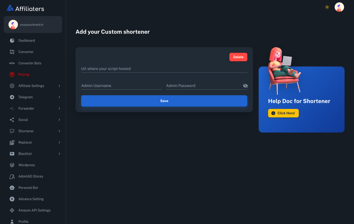 Affiliaters own shortener settings screen with the script URL, admin username and password fields