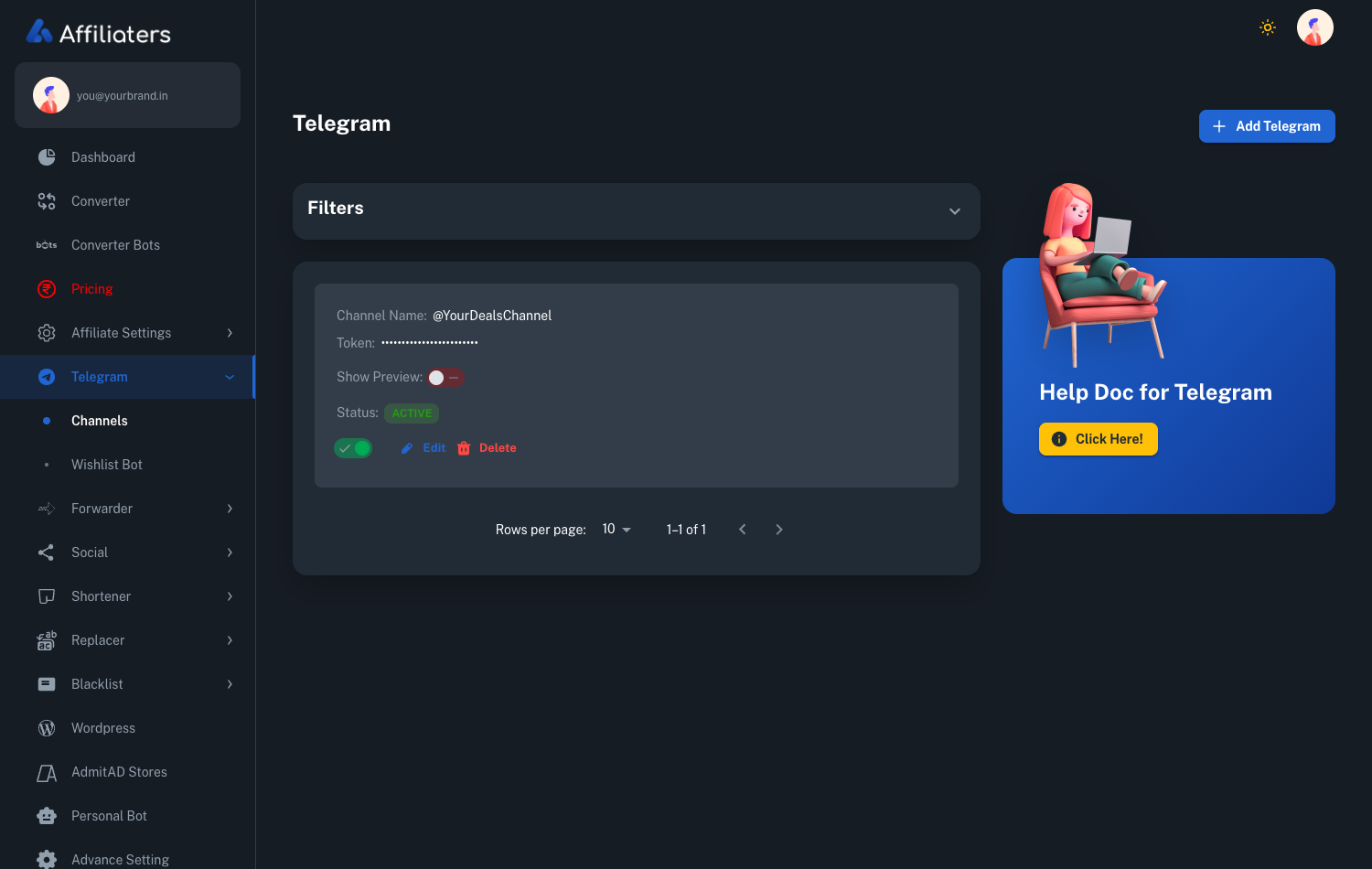 Affiliaters Telegram channels screen listing a connected channel with preview and active toggles