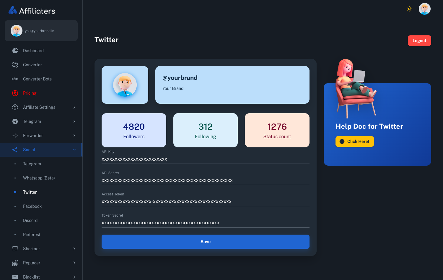 Affiliaters Twitter connection screen showing a connected account with follower, following and status counts above the saved API key, API secret, access token and token secret fields, and the Social menu listing Telegram, WhatsApp, Twitter, Facebook, Discord and Pinterest