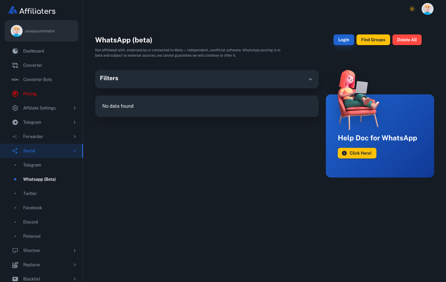 Affiliaters WhatsApp beta screen with the Login and Find Groups buttons, the Meta disclaimer and the Social menu listing Telegram, WhatsApp, Twitter, Facebook and Discord