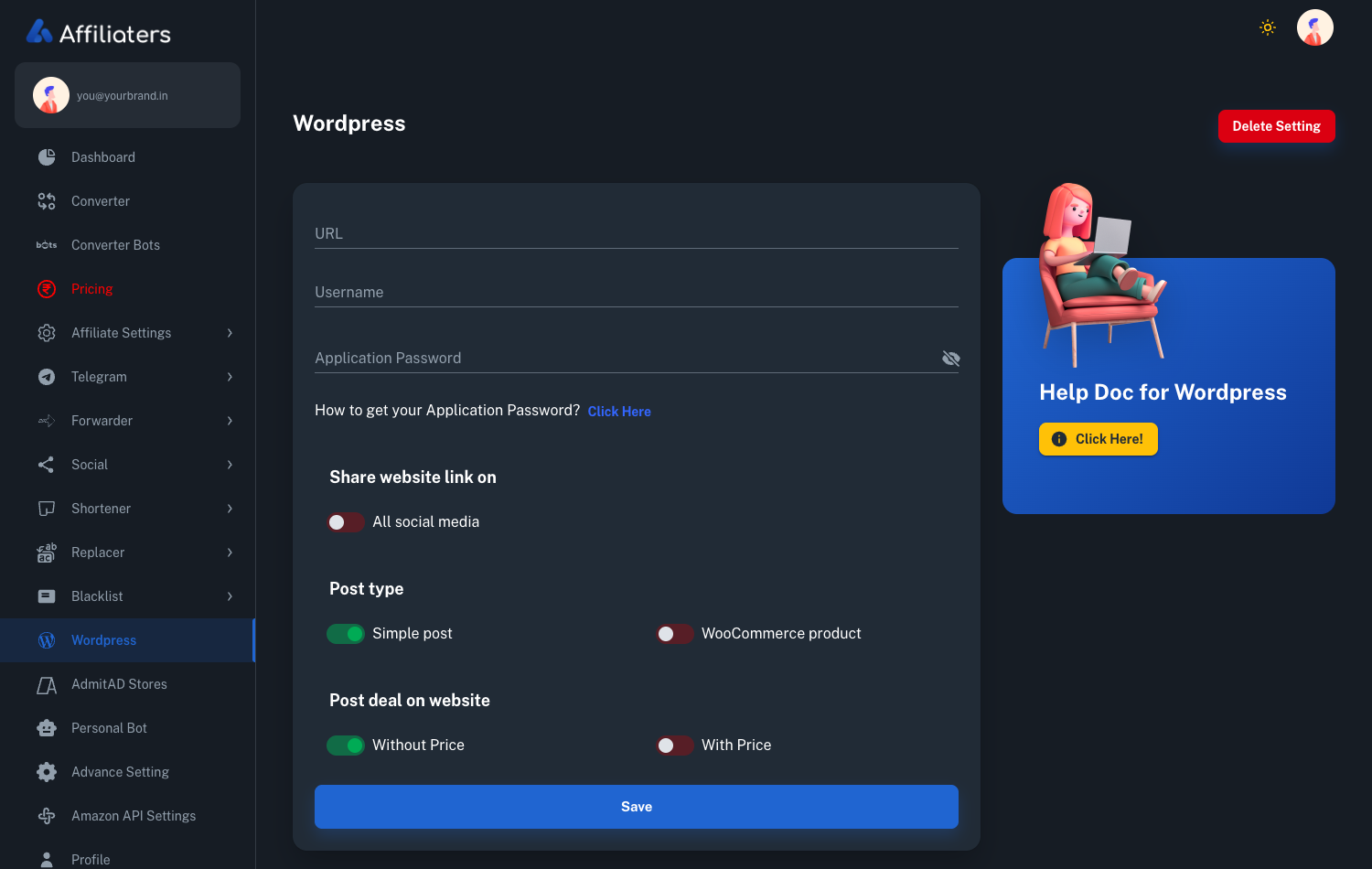 Affiliaters WordPress settings screen with URL, username, application password and post type switches