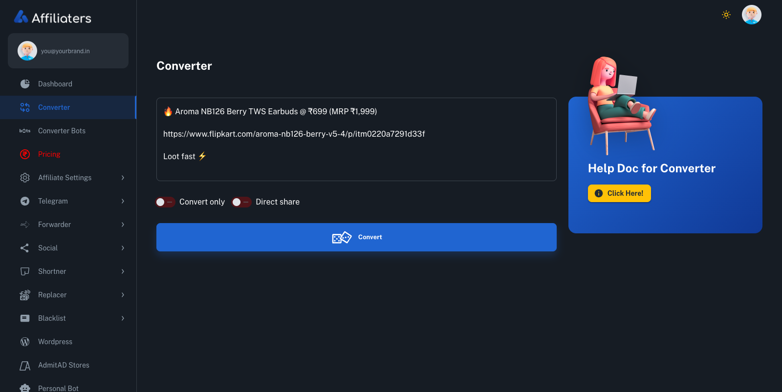 Affiliaters link converter with a Flipkart deal message pasted in, ready to convert and share
