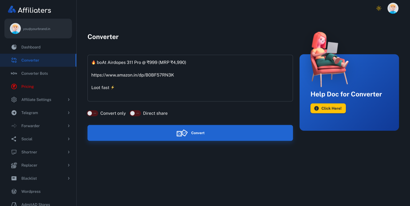 Affiliaters bulk affiliate link converter with a full deal message typed in, ready to convert and share