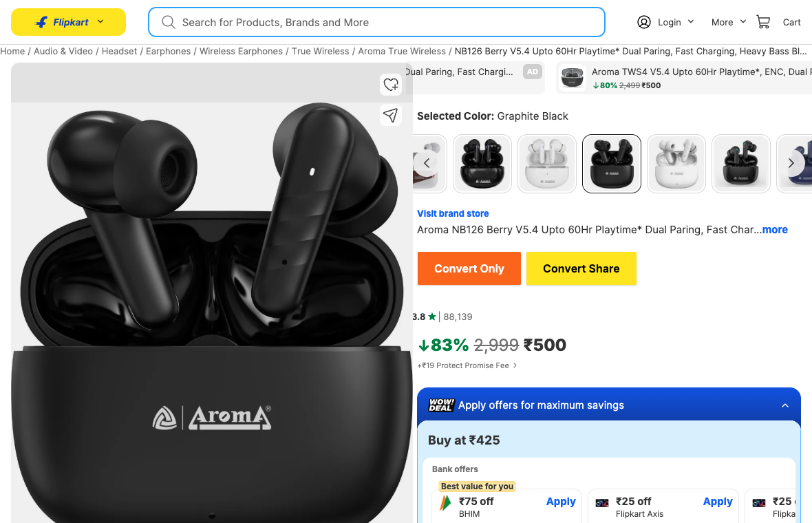 Convert Only and Convert Share buttons added by the Affiliaters extension on a Flipkart product page