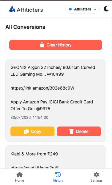 Extension history screen listing earlier conversions with copy and delete buttons