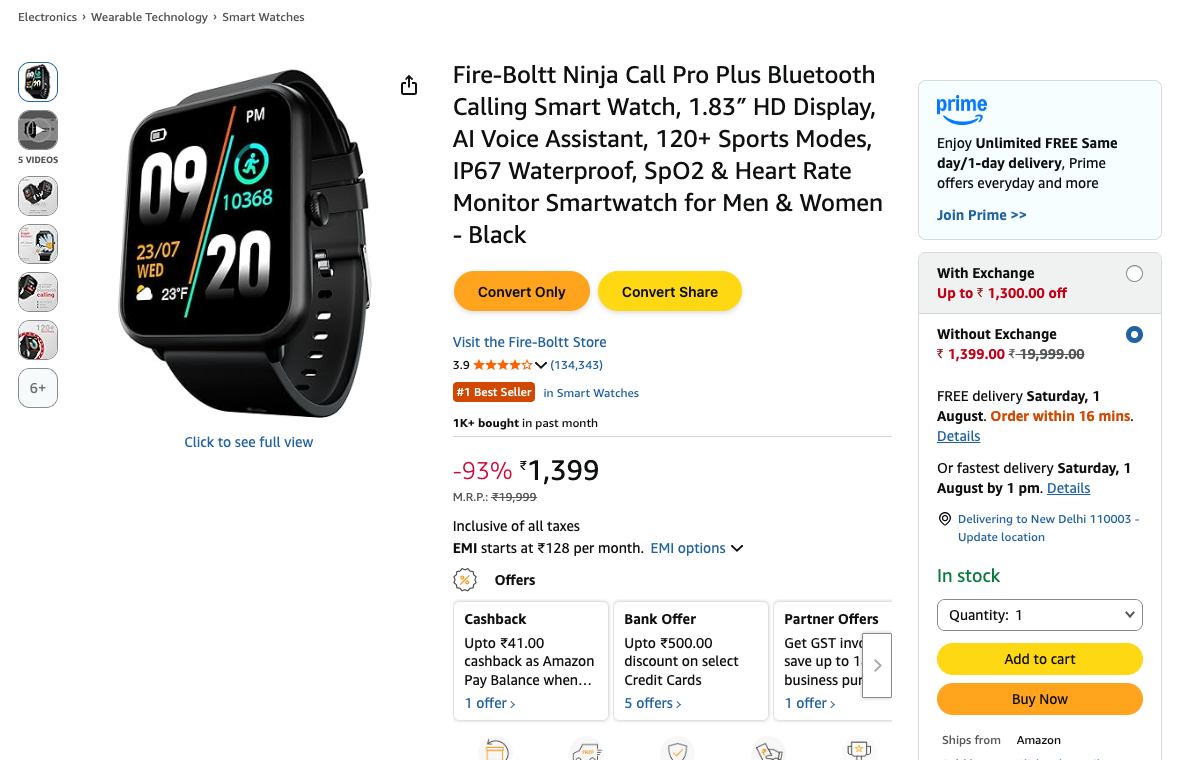 Convert Only and Convert Share buttons added by the Affiliaters extension under the product title on an Amazon.in page