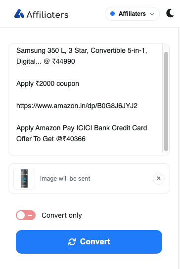 Affiliaters extension popup showing a Samsung refrigerator deal with the price, a ₹2000 coupon line, the Amazon Pay ICICI bank offer price and the product image ready to send