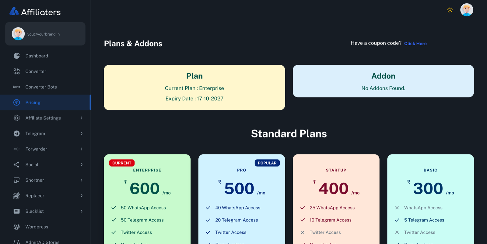 Affiliaters in-app pricing screen showing the four plans and the addons